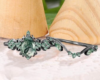 14K black gold pear shape moss agate engagement ring set Unique milgrain half eternity propose ring Gothic enhance stack curved wedding band