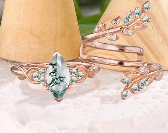 Dainty Marquise Cut Moss Agate Engagement Ring Set Vintage Rose Gold Cluster Half Eternity Bridal Promise Ring Wedding Band Anniversary Gift