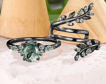 Unique pear shaped moss agate engagement ring Art deco leaf bridal promise set Nature inspired 14k black gold wedding band Anniversary gifts