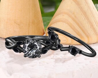 Dainty Round Black Rutilated Quartz Engagement Ring Vintage Black Gold Black Onyx Enhance Wedding Band Art deco Twisted Bridal Promise Set