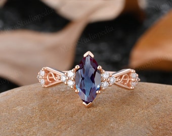 Lab Alexandrite Engagement Ring, Cluster Diamond Bridal Ring, Marquise Cut Wedding Ring, Rose Gold Ring Unique Promise Ring Anniversary
