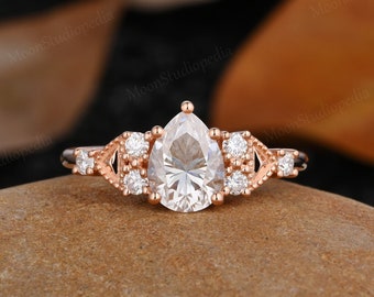 Pear Shape Moissanite Engagement Ring, Art Deco Rose Gold Halo Ring, Unique Cluster Wedding Ring Antique Commitment Anniversary Wedding Ring
