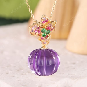 Vintage Pumpkin Amethyst Pendant Necklace 18k Gold Flower Design Inlaid Ruby & Emerald Accents Statement Bridal Jewelry Unique Gift for Her