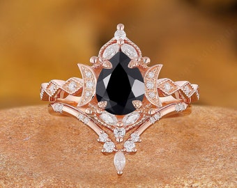 Vintage Black Onyx Engagement Ring Set, Rose Gold Shaped Cluster Diamond Wedding Set Art Deco Milgrain Moissanite Anniversary Gift For Women