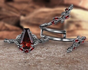 Antique Coffin Shaped Garnet Engagement Ring Gothic Solid Black Gold Marquise Cut Propose Promise Ring Unique Bridal Set Twig Wedding Band