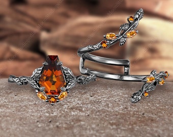 Vintage Coffin Shaped Citrine Engagement Ring Gothic Black Gold Leaf Bridal Promise Ring Art Deco Twig Enhance Wedding Band Anniversary Gift