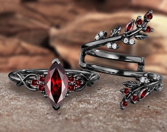 Antique marquise cut garnet engagement ring set Gothic solid black gold twig enhance wedding band Nature inspired twist bridal promise gifts