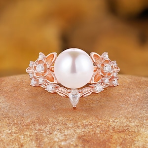 Akoya Pearl Engagement Ring Set Vintage Rose Gold Moissanite Curved Wedding Ring Leaf Design Wedding Band Women's Handmade Jewelry image 1