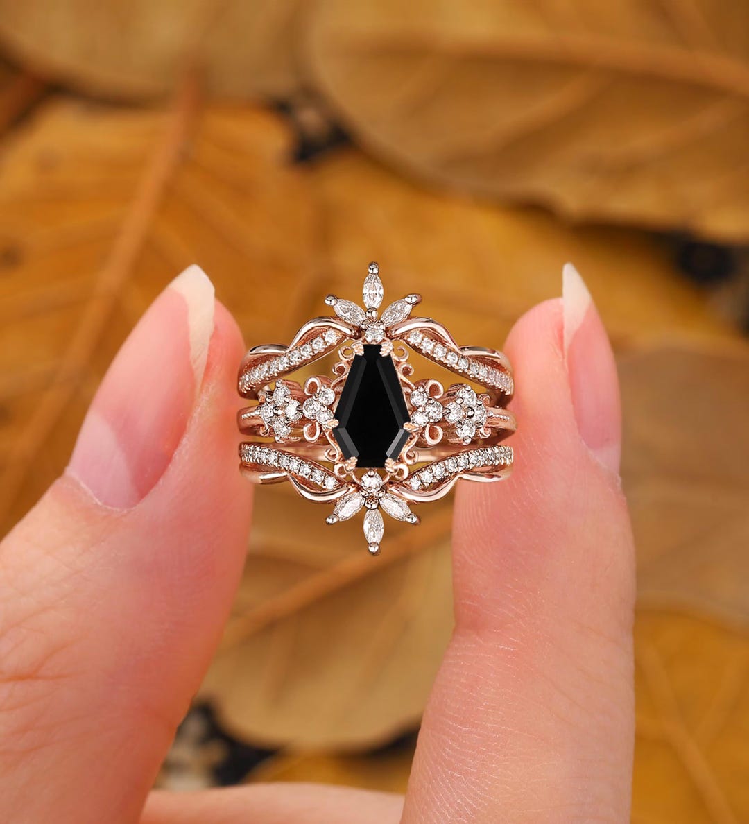 Bague Alliance Ancienne En Or 18K - Sertie De Jais Ou Onyx Noir, Taille 54, Occasion