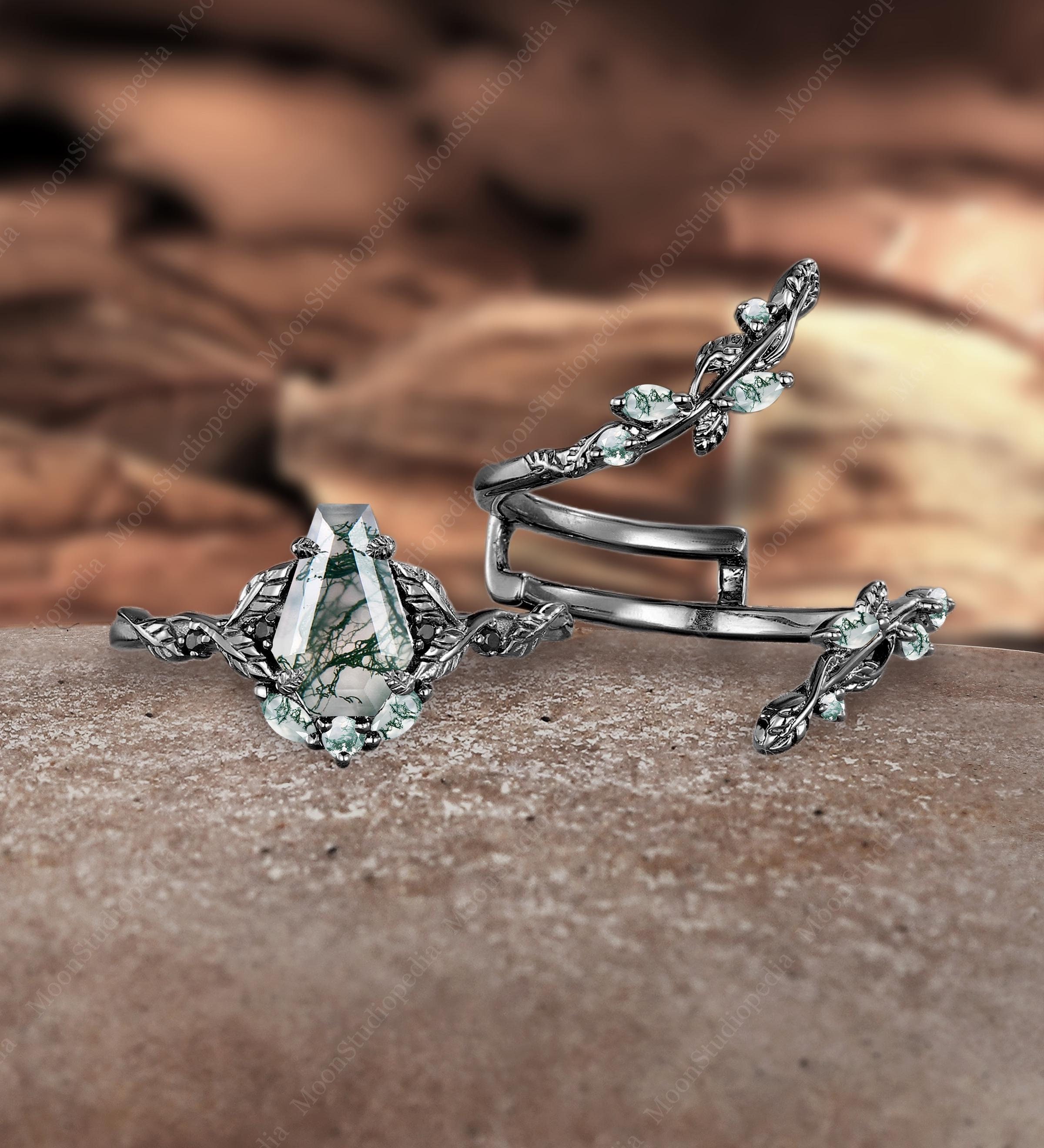 Unique Coffin Shaped Moss Agate Engagement Ring Set Nature Inspired Solid Black Gold Vine Leaf Bridal Ring Enhance Wedding Band Promise Gift