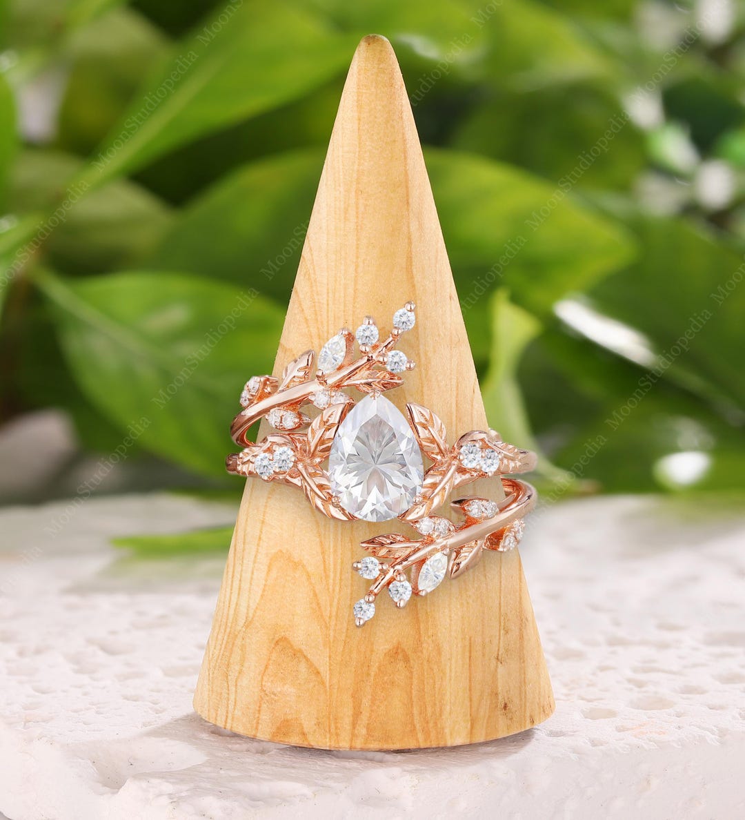 Unique Pear Moissanite Engagement Ring Set 14K Rose Gold Lab Diamond ...
