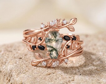 Twig Moss Agate Engagement Ring Set, Coffin Cut Ring with Black Onyx, Moissanite Leaf Stacking Wedding Band, Promise Jewelry for Women