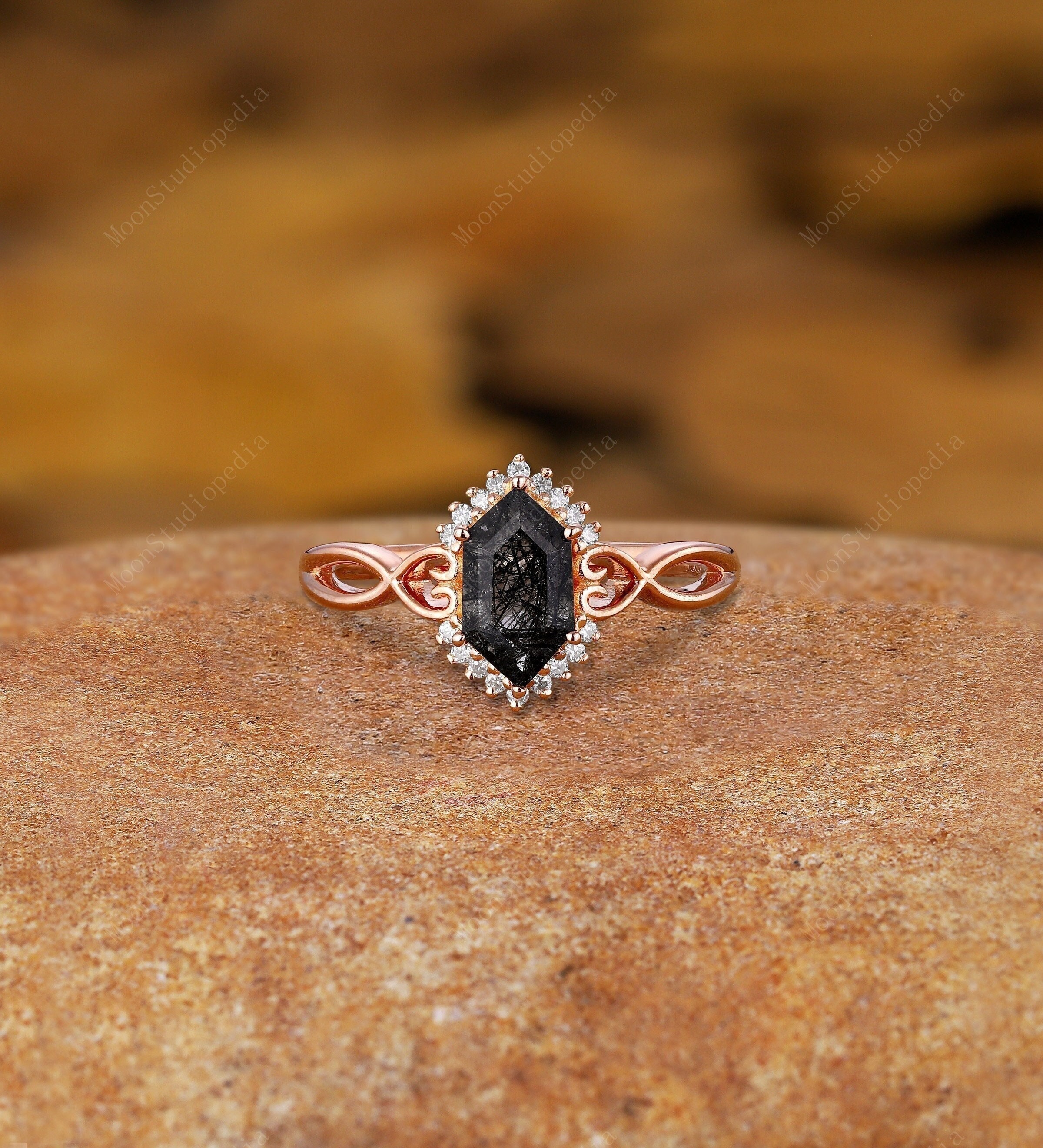 clearance sale online store Hexagon Black Rutile Quartz Engagement