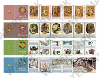 May include: A set of four vintage-style Christmas cards featuring illustrations of classic holiday stories. The cards are printed on thick paper with a textured finish and have a festive red, green, and blue color scheme. The titles of the stories are "The Toymaker and The Mouse King", "A Christmas Carol", "Twas The Night Before Christmas", and "The Elves and The Shoemaker".