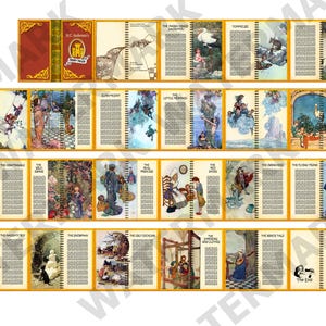 May include: A collection of miniature fairy tale books with colorful illustrations and text. The books are arranged in a grid, featuring titles like "The Snowman," "The Wild Swans," and "The Little Mermaid." The cover of the first book reads "H.C. Andersen's Fairy Tales."