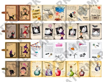 HALLOWEEN JOURNALS Miniatuur afdrukbare items: geïllustreerde set van 4 (pdf-bestanden)