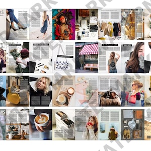 Könnte beinhalten: Ein Magazin-Spread mit Mode-, Beauty- und Lifestyle-Inhalten. Das Magazincover zeigt die Wörter "TRENDS", "BEAUTY", "LUXME" und "COFFEEHAUS". Die Seiten zeigen Bilder von Kleidung, Make-up, Kaffee und anderen Lifestyle-Artikeln.