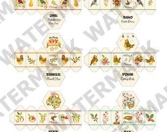 May include: A collection of six papercraft templates featuring illustrations from the Twelve Days of Christmas. Each template is a different shape and depicts various elements, including birds, pears, and text such as "One Partridge in a Pear Tree."