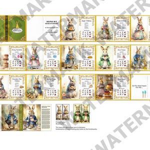 May include: A set of printable miniature book pages featuring illustrations of a rabbit in various poses and settings. The pages include recipes for various baked goods, such as sugar cookies, carrot cupcakes, and strawberry shortcake. The title of the book is "Hopkins House of Bakery".