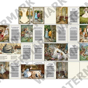 Pode incluir: Uma coleção de páginas ilustradas de "Alice do Outro Lado do Espelho" de Lewis Carroll. As imagens apresentam cenas e personagens da história, incluindo Alice, a Rainha Branca e o Chapeleiro Maluco. As páginas estão dispostas em uma grade.