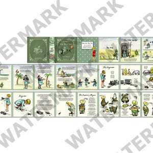 May include: A series of illustrated children's book pages with a vintage aesthetic. The illustrations and text are in a whimsical style, with a colour scheme of greens, beige, and accents of red and blue. The cover text reads "How We Are A Day".