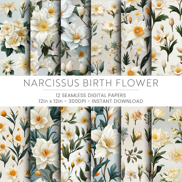 12 Narcissus Birthflower Themed Digital Papers, Seamless Commercial Use,  Bİrthflower Themed Digital Paper, December Flower Digital Papers