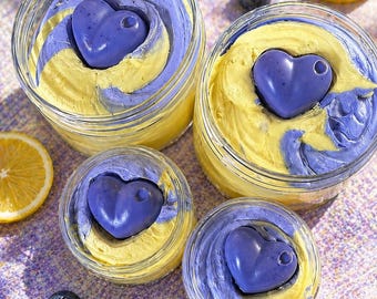 Blueberry Lemon Whipped Foaming Sugar Scrub with Blueberry Heart Soap- Summery, Bright & Tart Fruity Scents