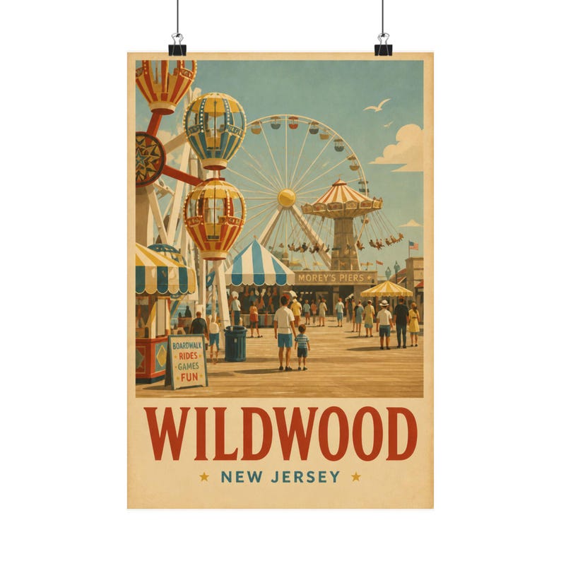 Vintage reisposter Wildwood Morey's Piers | Jersey Shore Boardwalk-kunst afbeelding 1