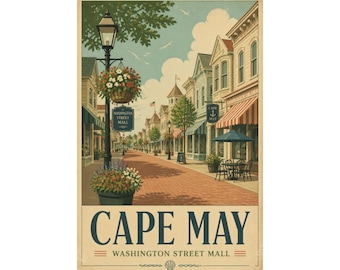 Cape May Washington Street Mall Vintage Travel Poster | Cape May Shopping District Wall Art |New Jersey Coastal Decor | Retro Downtown Print