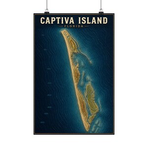 May include: A vertical wall art print featuring a bathymetric map of Captiva Island, Florida. The map displays the island in shades of tan and green surrounded by deep blue ocean waters with depth contour lines and numerical depth markers in feet.