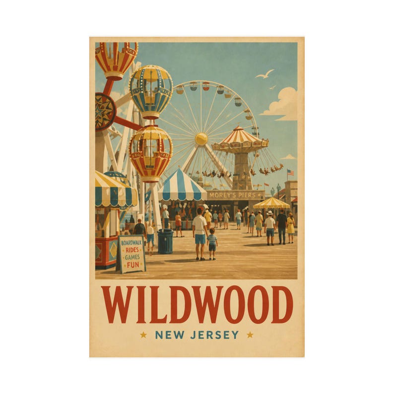Vintage reisposter Wildwood Morey's Piers | Jersey Shore Boardwalk-kunst afbeelding 2