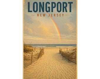 Poster di viaggio vintage del sentiero costiero di Longport, NJ / Quadro da parete con arcobaleno della costa del Jersey