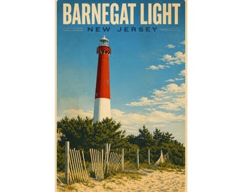 Stampa del faro di Barnegat, NJ / Poster decorativo costiero "Old Barney Moonlight"