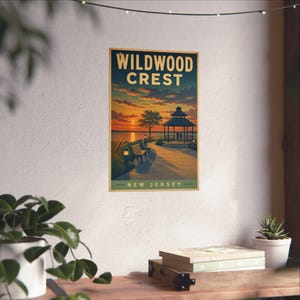 Lámina con la imagen de una puesta de sol en el cenador de Wildwood Crest / Arte mural costero vintage de Jersey Shore imagen 5