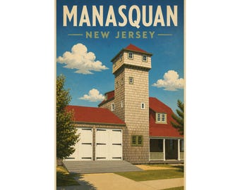 Stampa della caserma dei pompieri di Manasquan / Poster di viaggio vintage della costa del New Jersey, decorazione costiera