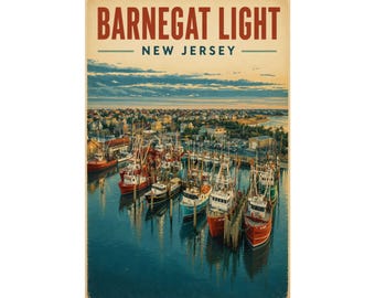 Stampa della flotta peschereccia del faro di Barnegat, NJ / Quadro vintage della costa del New Jersey