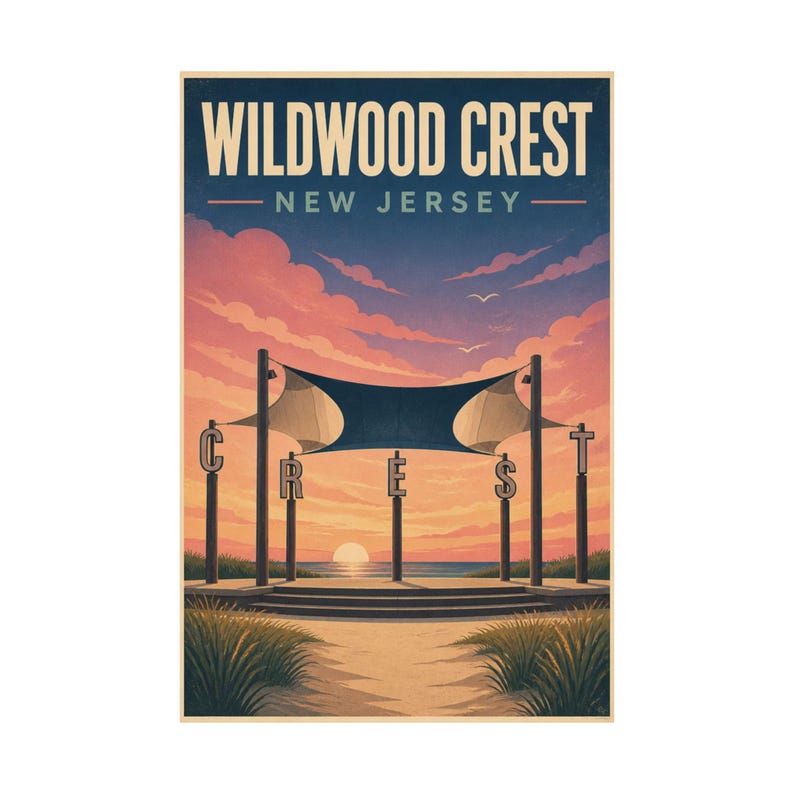 Wildwood Crest Pavilion Sunset Print | Vintage Jersey Shore Coastal Art image 2