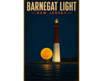 Poster del faro di Barnegat, NJ / Stampa del vecchio faro di Barney al chiaro di luna / Decorazione costiera