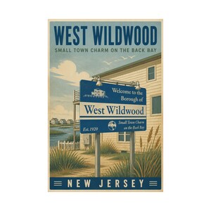 West Wildwood NJ Poster | Vintage Back Bay Coastal Print | Jersey Shore Town Sign Artwork image 2