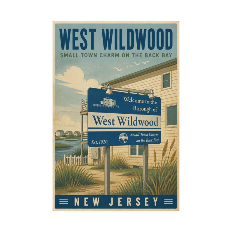 West Wildwood NJ Poster | Vintage Back Bay Coastal Print | Jersey Shore Town Sign Artwork image 2