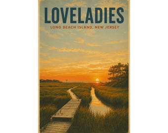 Stampa del tramonto di Loveladies Marsh / Poster di viaggio vintage di Long Beach Island