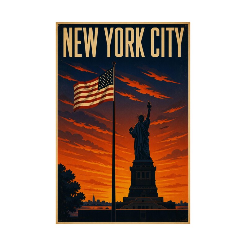 Statue of Liberty and American Flag | Vintage NYC Travel Poster | New ...