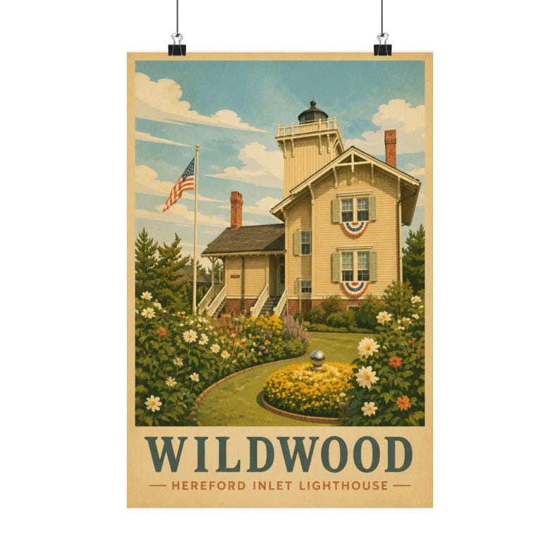 Póster del faro de Wildwood Hereford Inlet / Arte mural de Wildwood, NJ / Lámina de Jersey Shore / Decoración de playa imagen 1