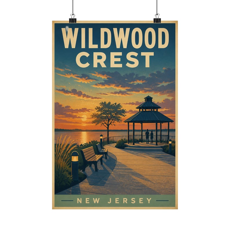 Lámina con la imagen de una puesta de sol en el cenador de Wildwood Crest / Arte mural costero vintage de Jersey Shore imagen 1