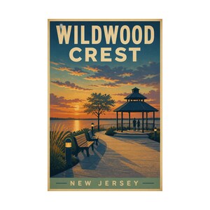 Lámina con la imagen de una puesta de sol en el cenador de Wildwood Crest / Arte mural costero vintage de Jersey Shore imagen 2