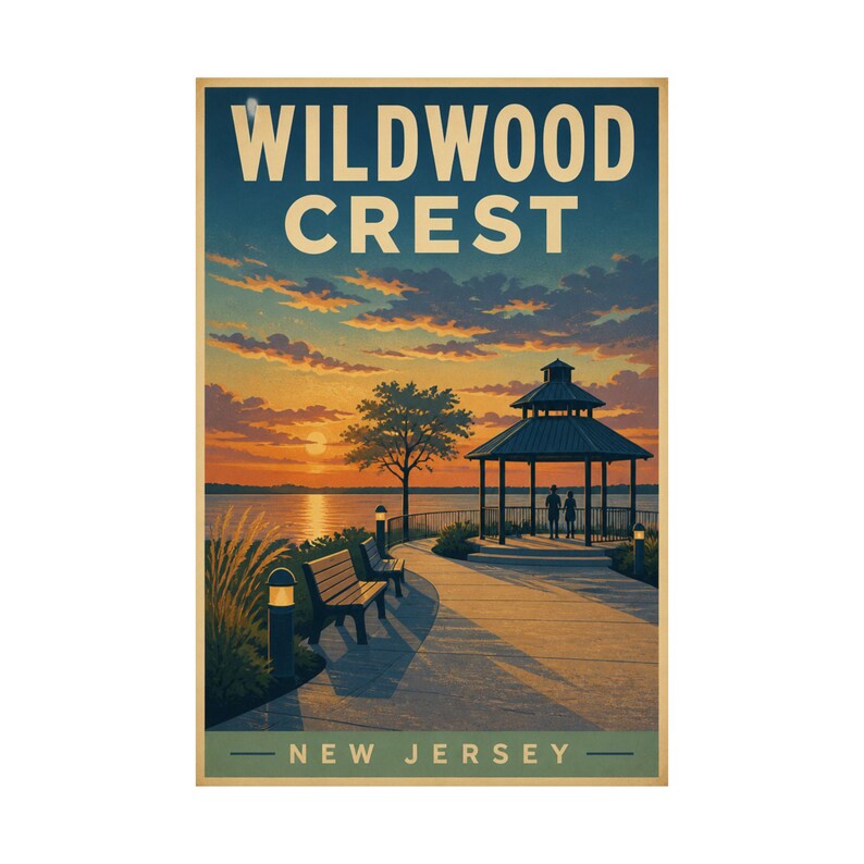 Lámina con la imagen de una puesta de sol en el cenador de Wildwood Crest / Arte mural costero vintage de Jersey Shore imagen 2