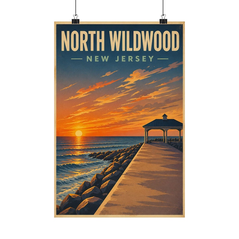 North Wildwood Jetty Sunset Print | Vintage Jersey Shore Wall Art Coastal Decor image 1