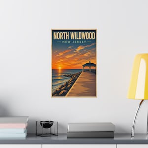 North Wildwood Jetty Sunset Print | Vintage Jersey Shore Wall Art Coastal Decor image 3