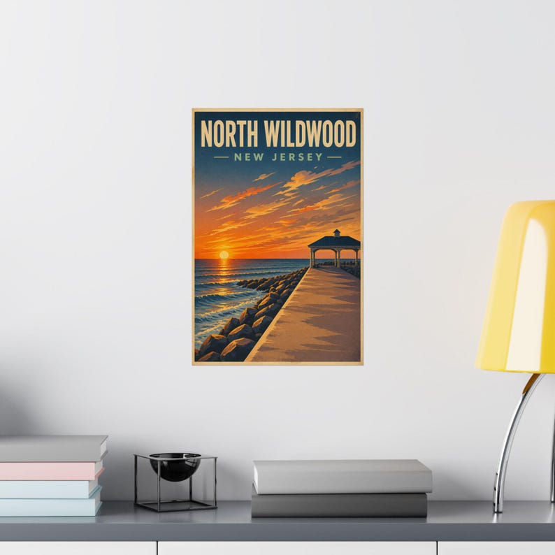 North Wildwood Jetty Sunset Print | Vintage Jersey Shore Wall Art Coastal Decor image 3