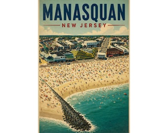 Stampa della spiaggia di Manasquan, NJ / Quadro vintage della costa del New Jersey